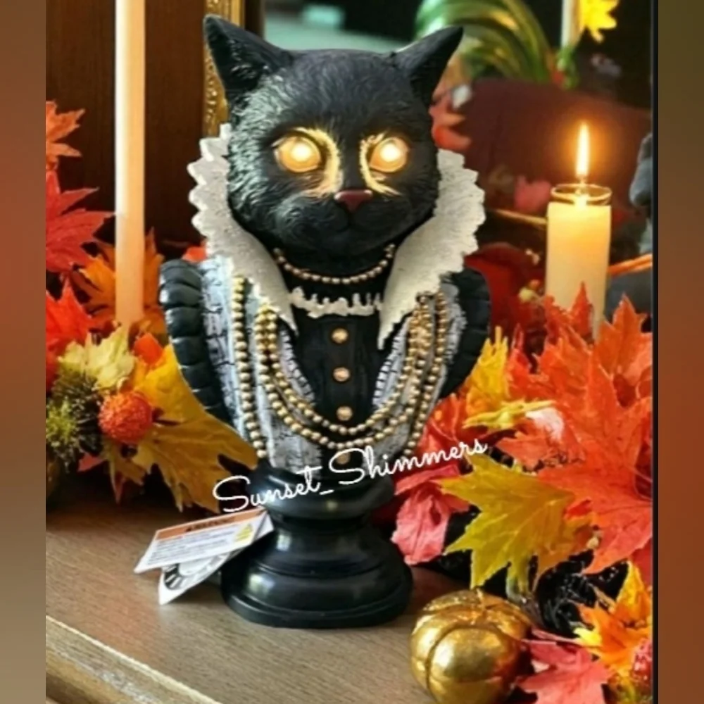 Vintage Style Halloween Ornate Lighted Gothic Black Cat Salem Witch Bust figure - Picture 8 of 8